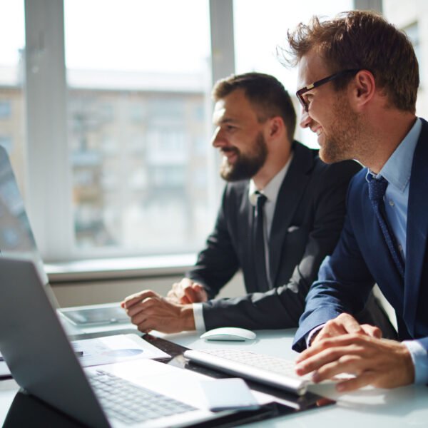 Smiling businessman and his colleague looking at computer monitor at meeting