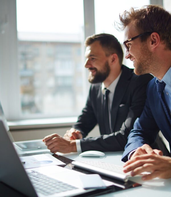 Smiling businessman and his colleague looking at computer monitor at meeting